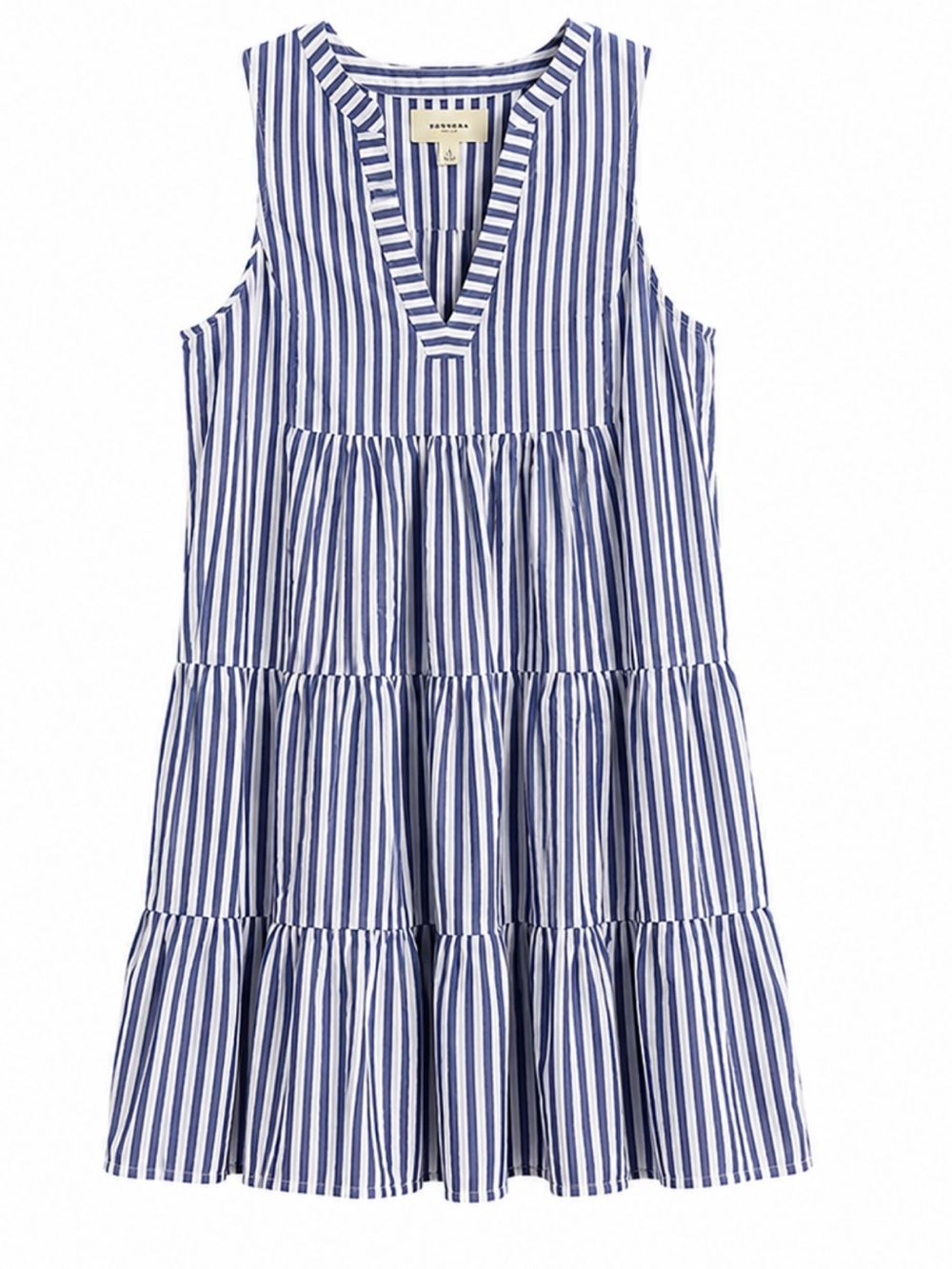 Pomander Place Blue & White Striped Tiered V-Notch Cotton Mini Dress Coastal - Picture 3 of 12